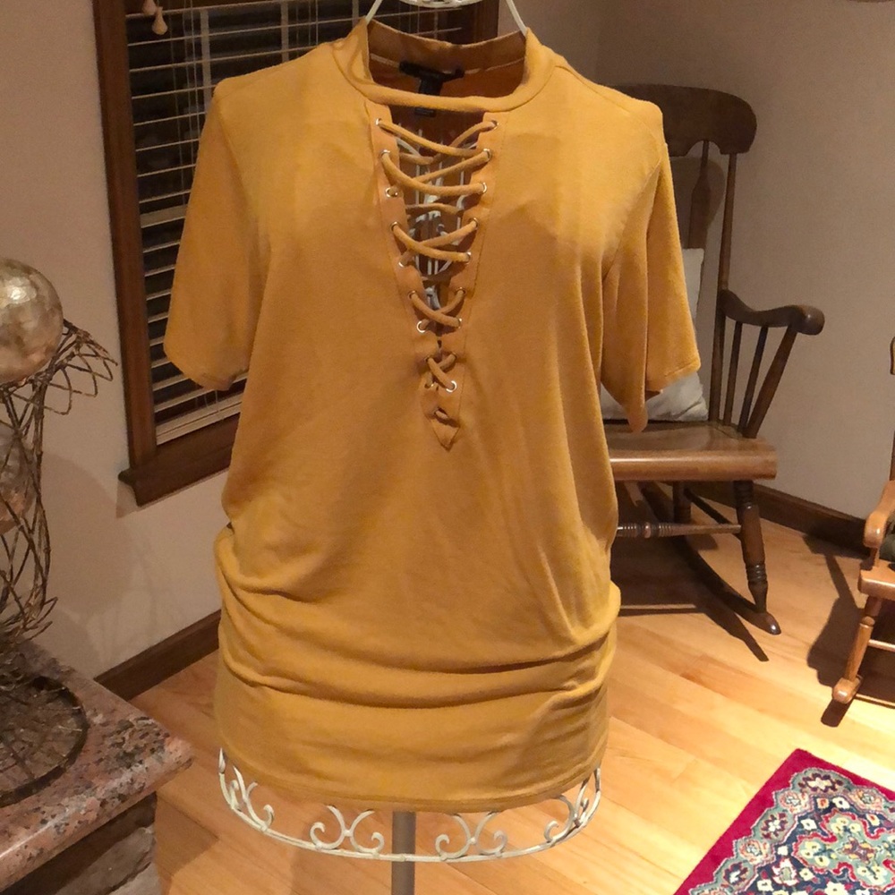 Mustard Yellow Short Sleeve Lace Up Top